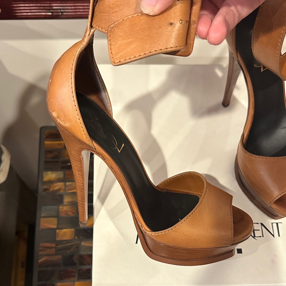 Yves Saint Laurent Brown Leather Platform Ankle-Strap Heels - Picture 2 of 8